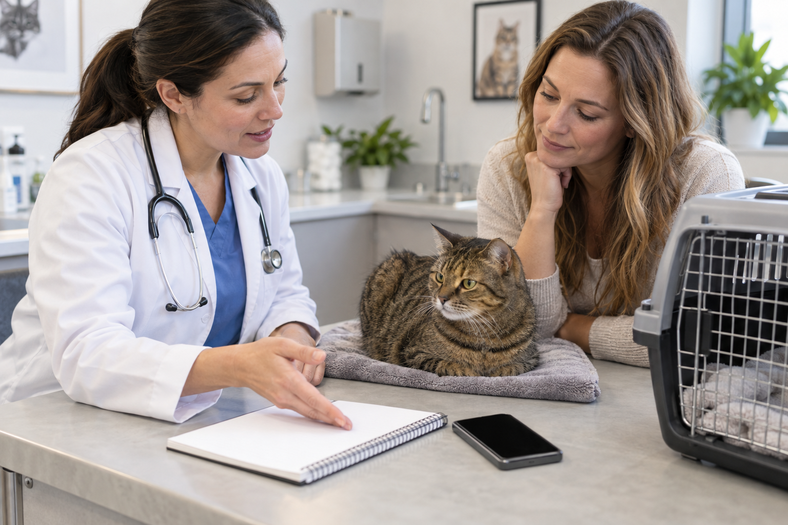 Veterinarian and cat parent calmly reviewing a blank notebook beside a relaxed tabby cat on an exam table.