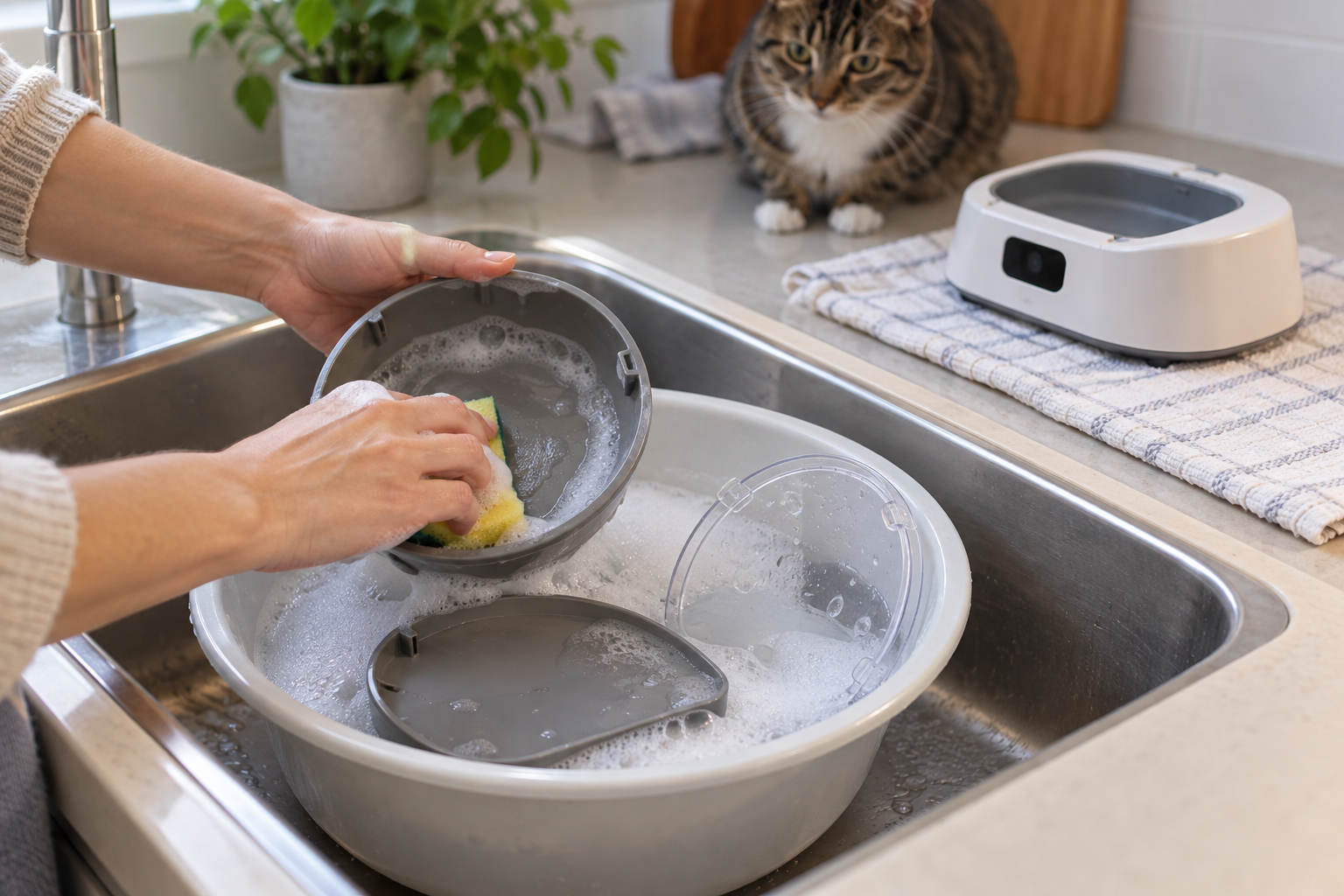 Removable microchip feeder parts being hand washed in warm soapy water while the electronic base stays dry on a towel.