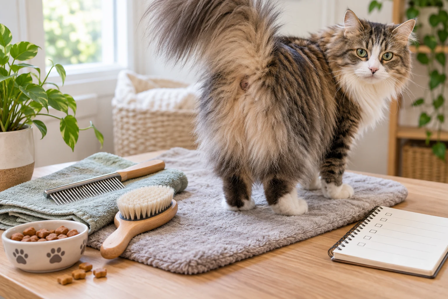 A relaxed longhaired cat stands on a grooming mat beside a comb, soft brush, towel, treats, and a simple checklist.