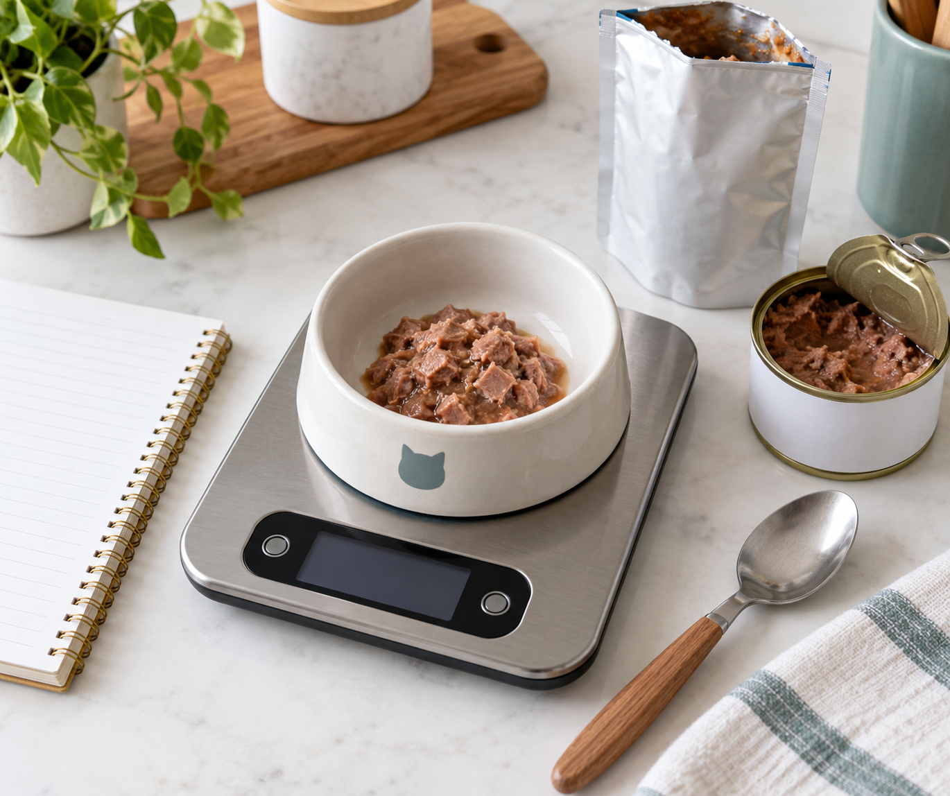 A bowl of wet cat food sitting on a digital kitchen scale with an opened pouch, can, spoon, and blank feeding notebook nearby.