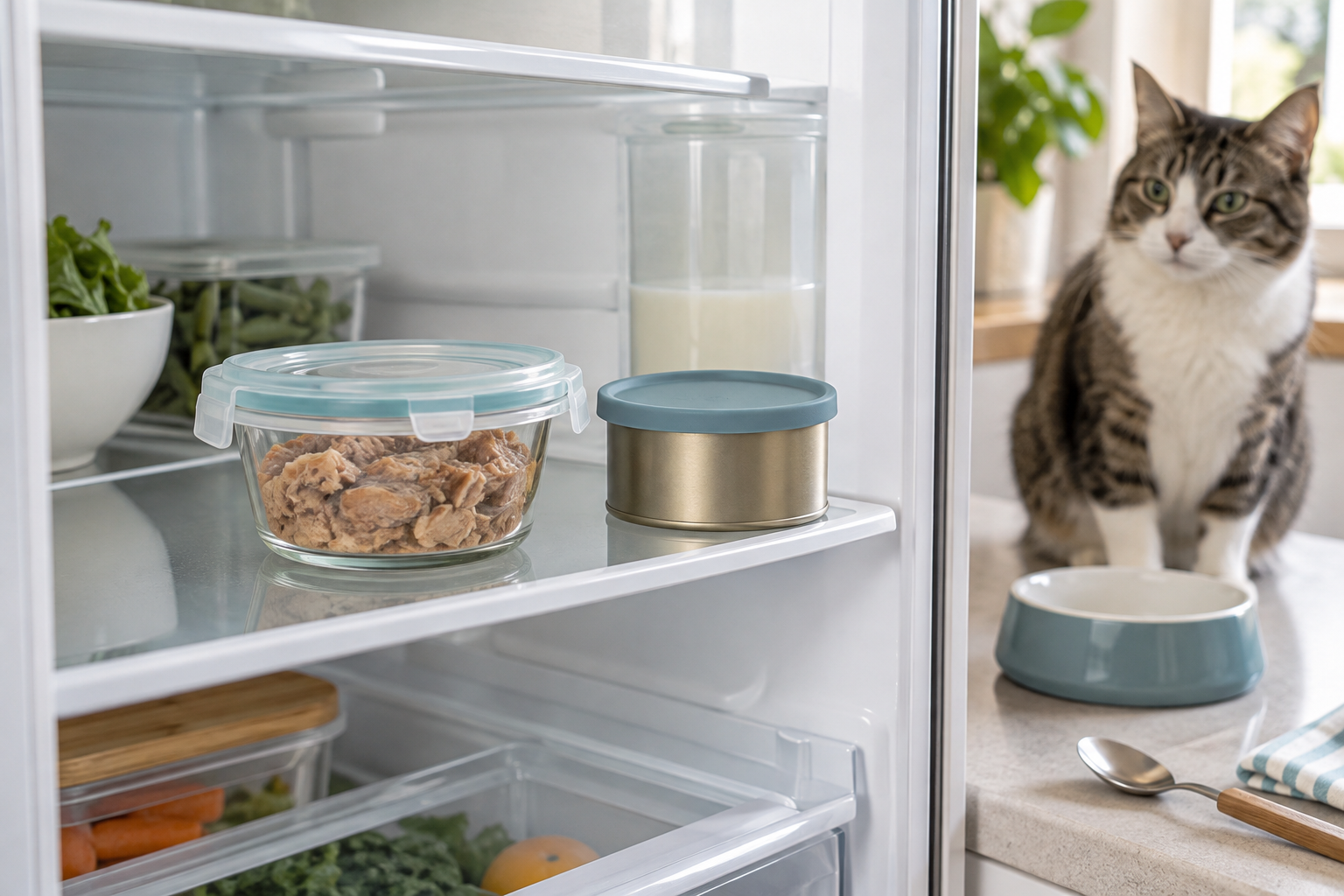 Covered wet cat food leftovers stored in a refrigerator while a clean cat bowl and spoon wait on the counter.