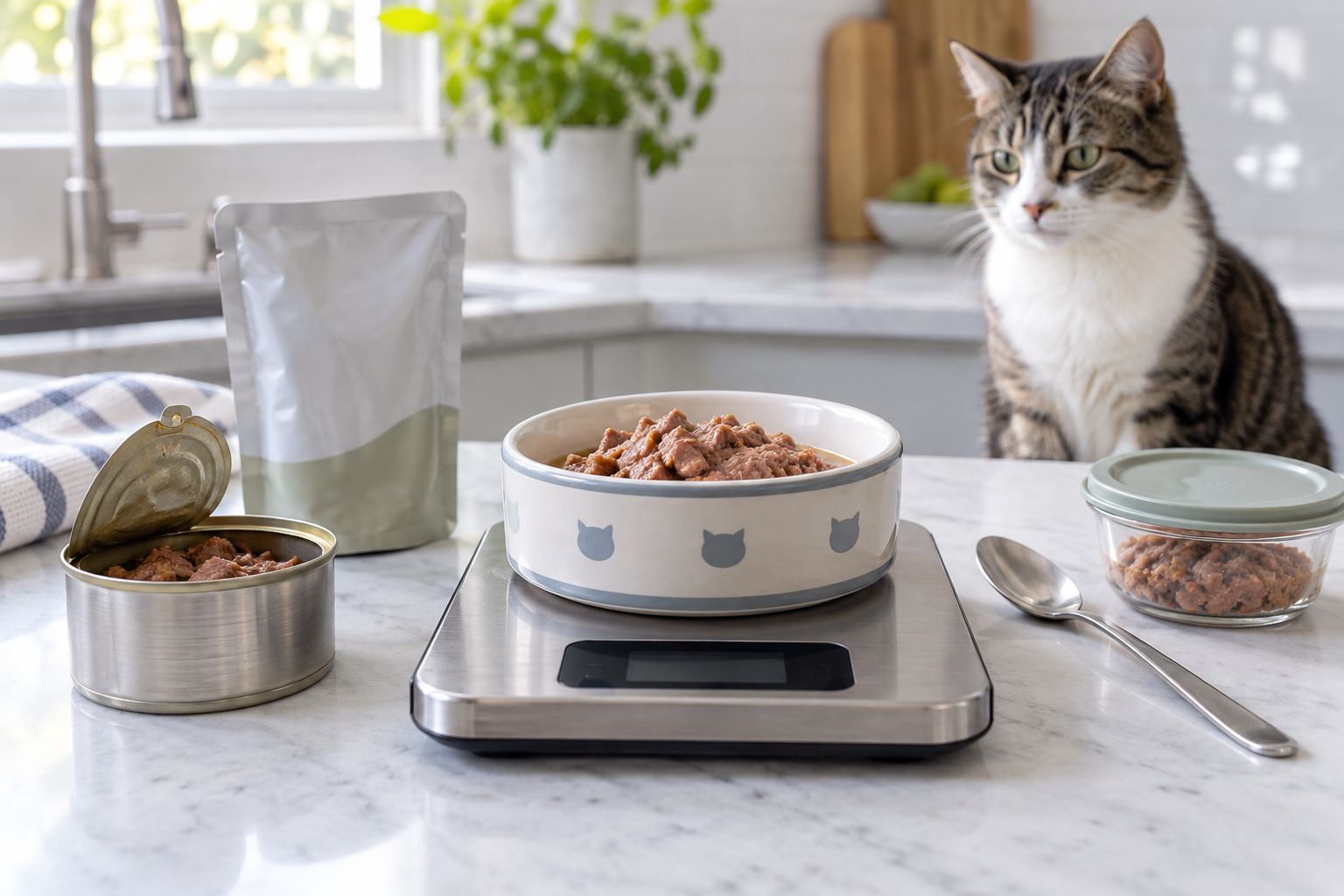 A measured bowl of wet cat food on a digital kitchen scale with an opened can, a pouch, a covered leftover container, and a calm tabby cat nearby.