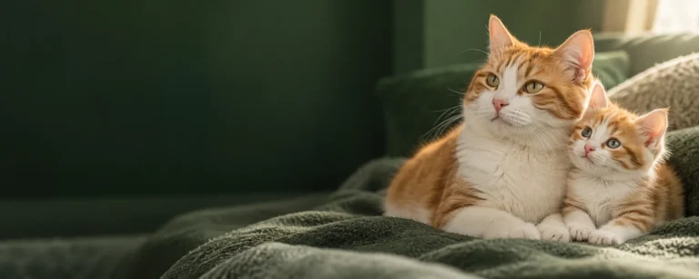 An orange-and-white adult cat sitting beside a kitten in a softly lit room.