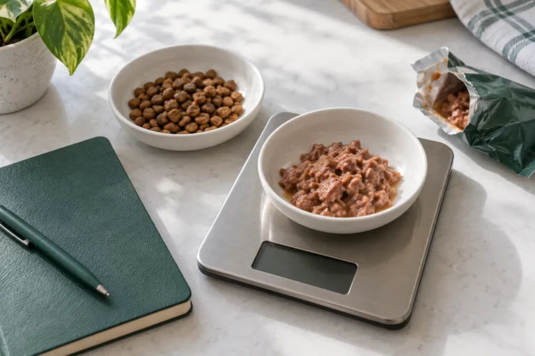 Wet cat food on a digital kitchen scale beside dry kibble, an opened pouch, and a feeding notebook.