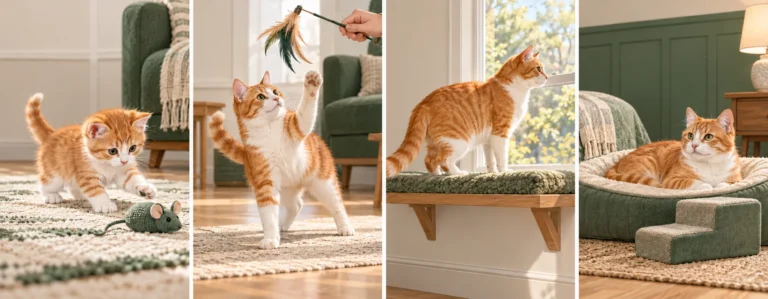 Four illustrated care scenes: a kitten with a toy, an adult playing, a cat at a window perch, and a comfortable cat beside a low bed and step.