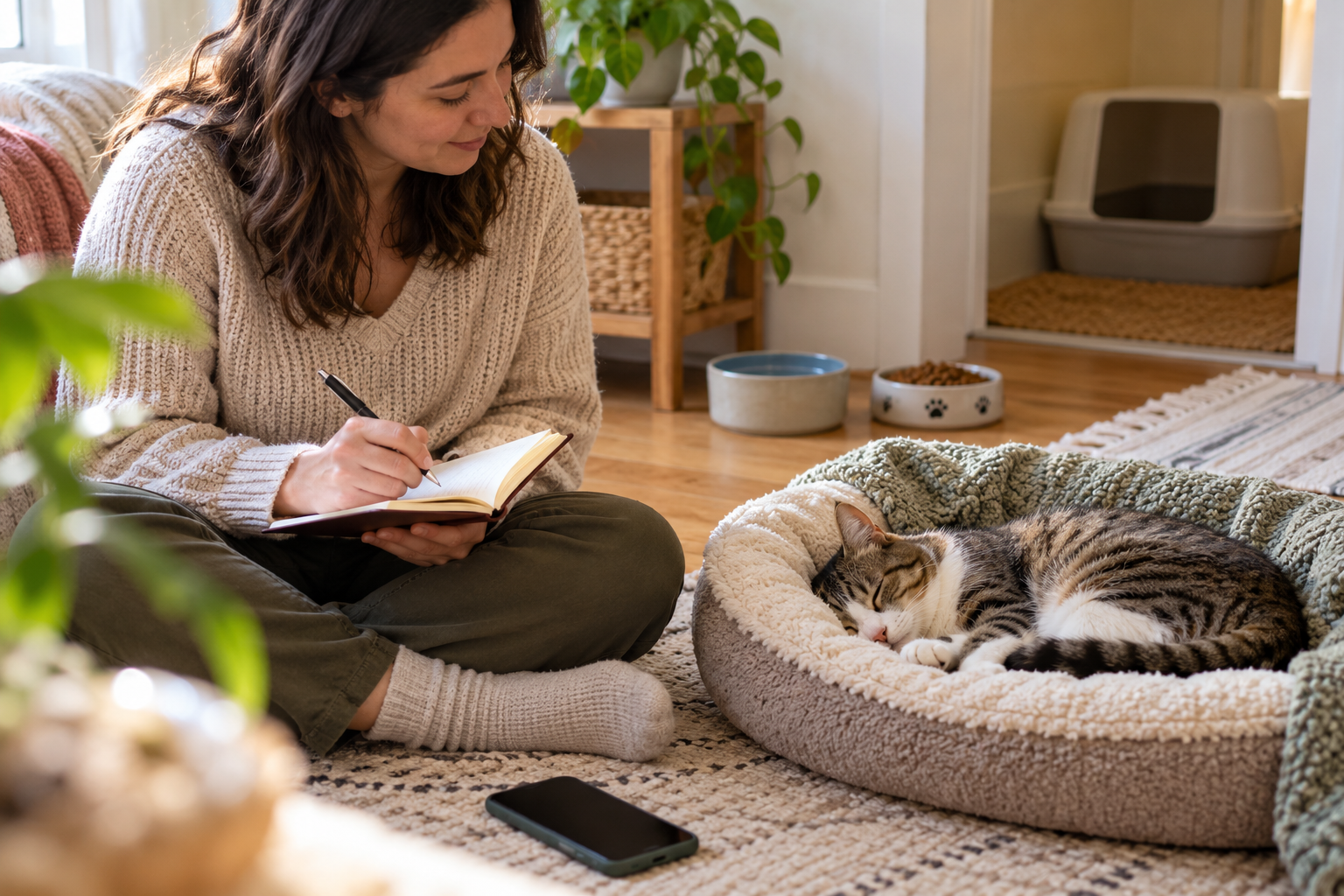 A caregiver records a sleeping cat’s routine while food, water, and the litter area remain in view.