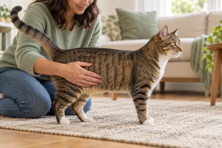 A person gently observing a tabby cat’s side profile at home.