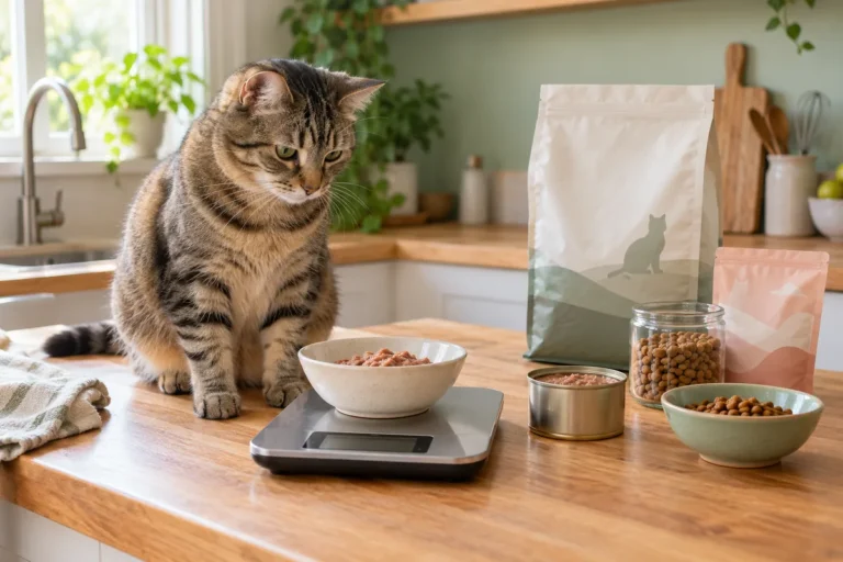 A tabby cat beside wet food, dry food and a kitchen scale on a kitchen counter.