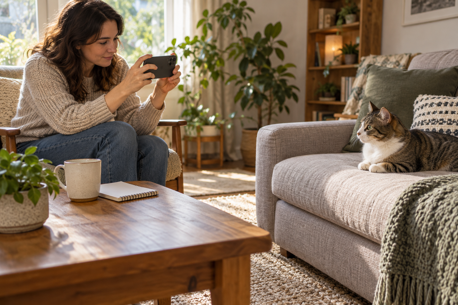 Caregiver records an alert cat from a few feet away while keeping a notebook nearby.