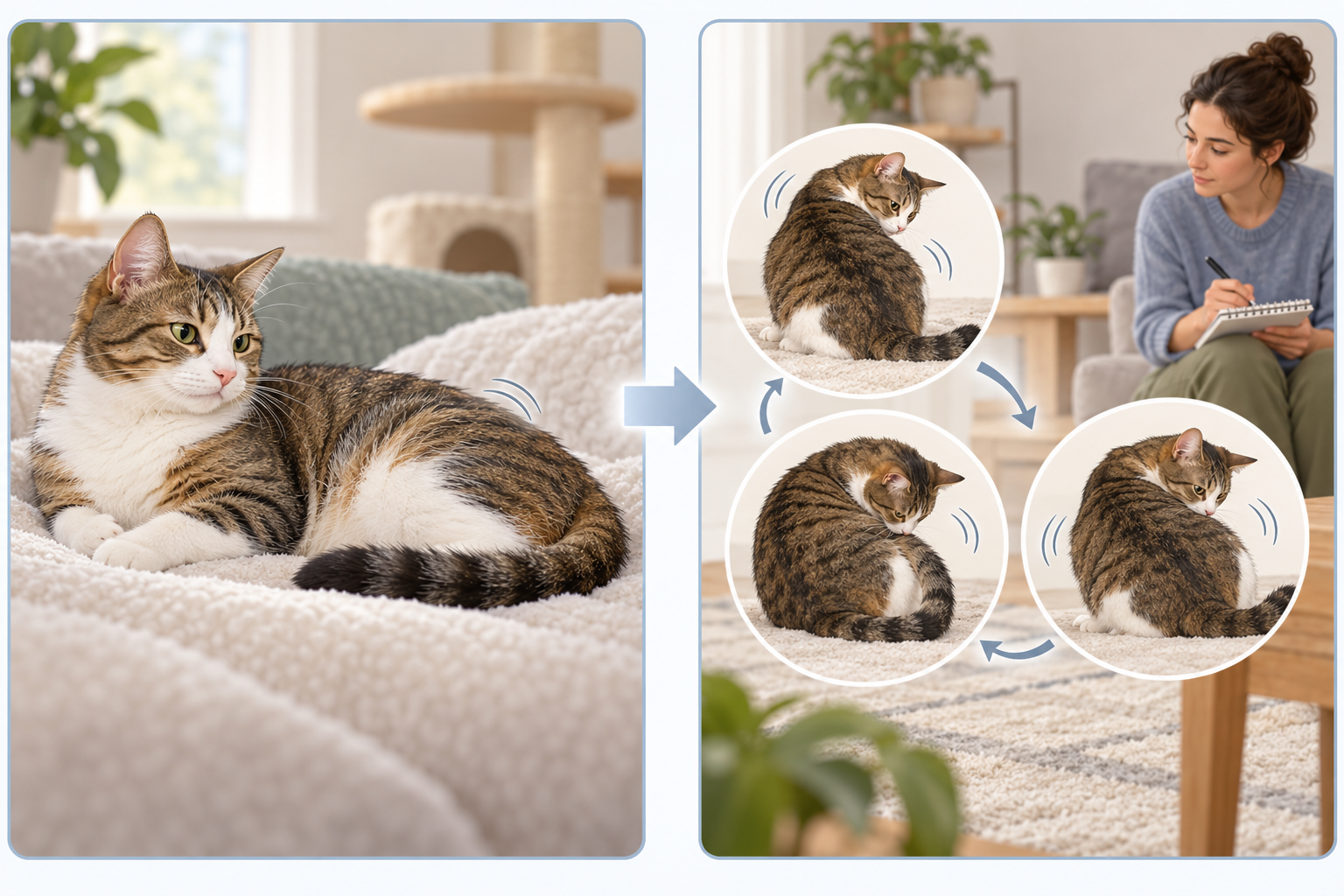 Illustration contrasts a relaxed cat with one brief lower-back skin ripple and recurring episodes in which a cat turns toward its tail while a caregiver takes notes.