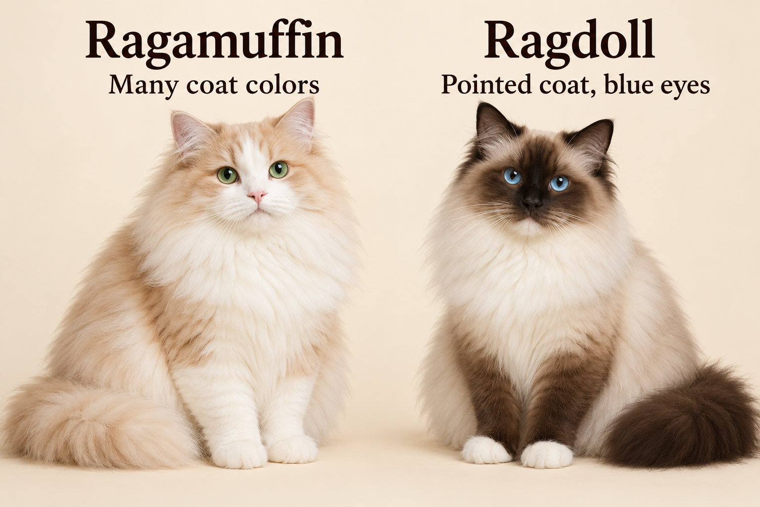 Side-by-side illustrated Ragamuffin and Ragdoll: the Ragamuffin has a pale non-pointed coat and green eyes; the Ragdoll has dark points and blue eyes.