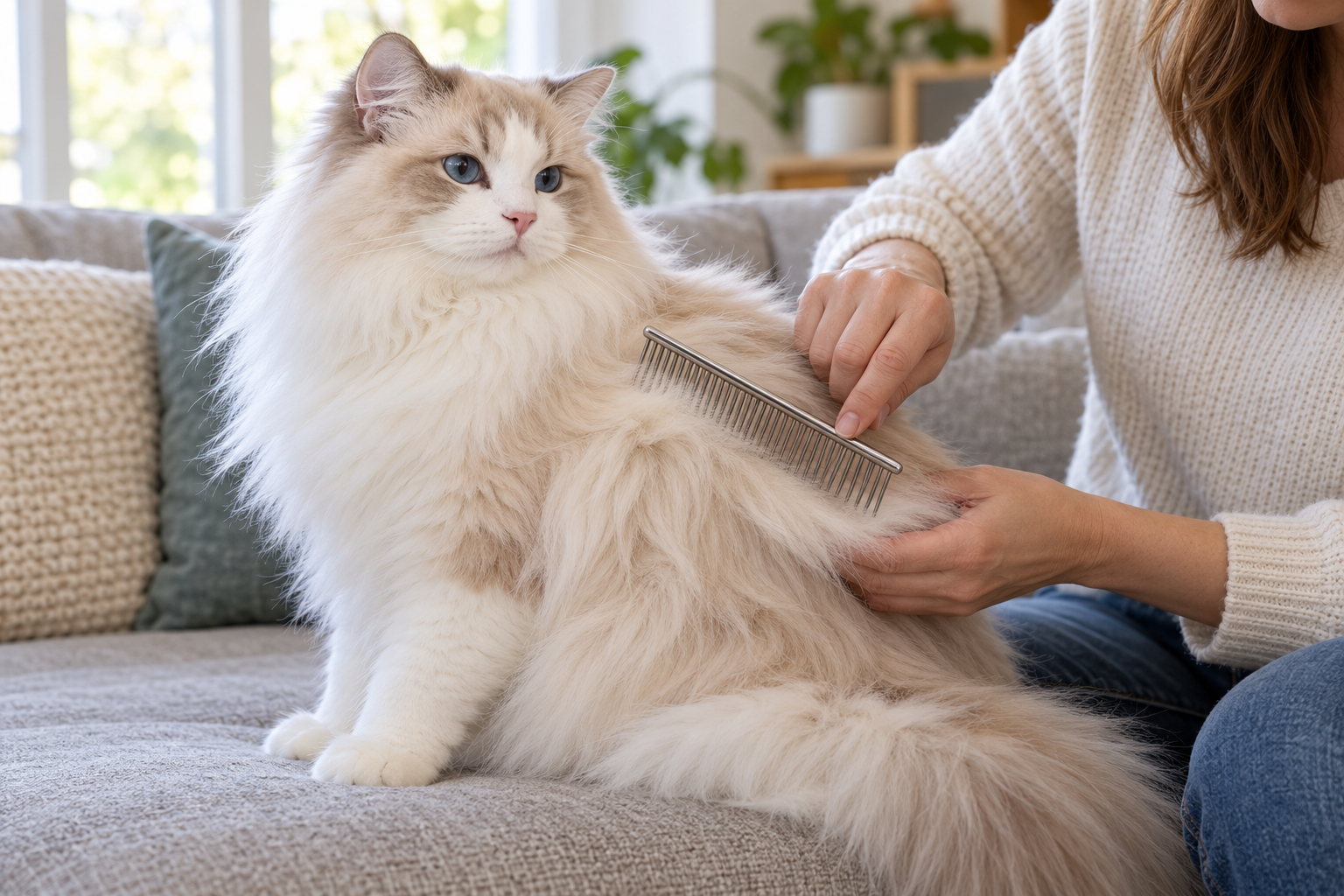 A relaxed cream-and-white longhaired cat being gently combed along its side with a long-toothed metal comb.