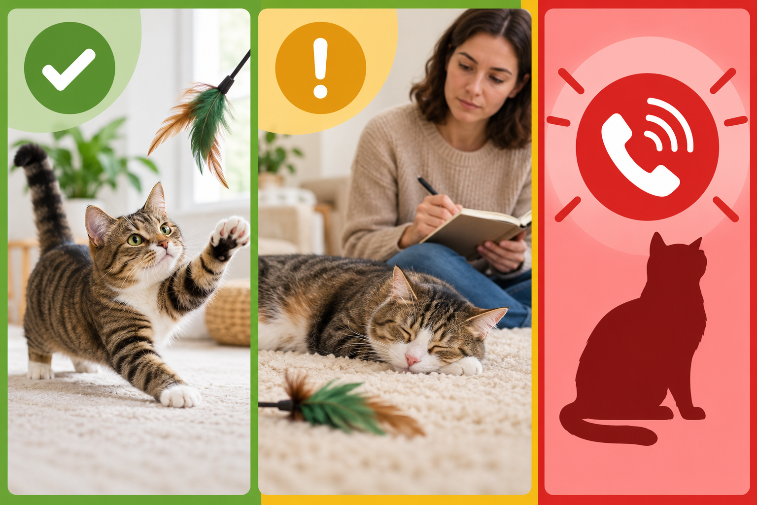 Three-panel cat sleep triage graphic: an alert cat playing, a caregiver noting a change, and an emergency phone symbol beside a cat silhouette.