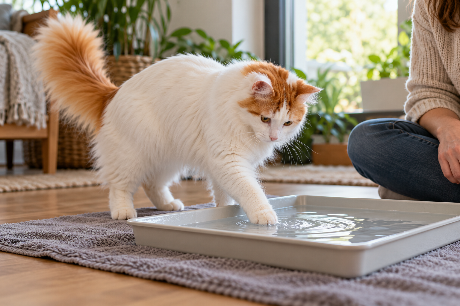 Turkish Van cat voluntarily dipping one paw into a shallow water tray while a person supervises nearby.