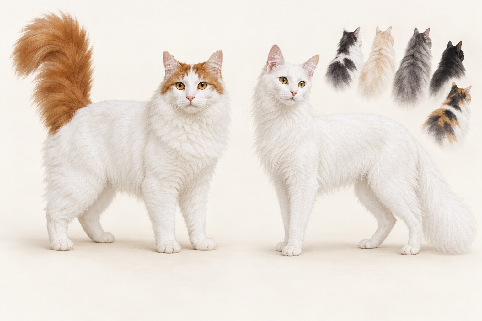 Comparison illustration showing a Turkish Van's mostly white coat with colored head and tail beside a Turkish Angora and examples of broader coat colors.